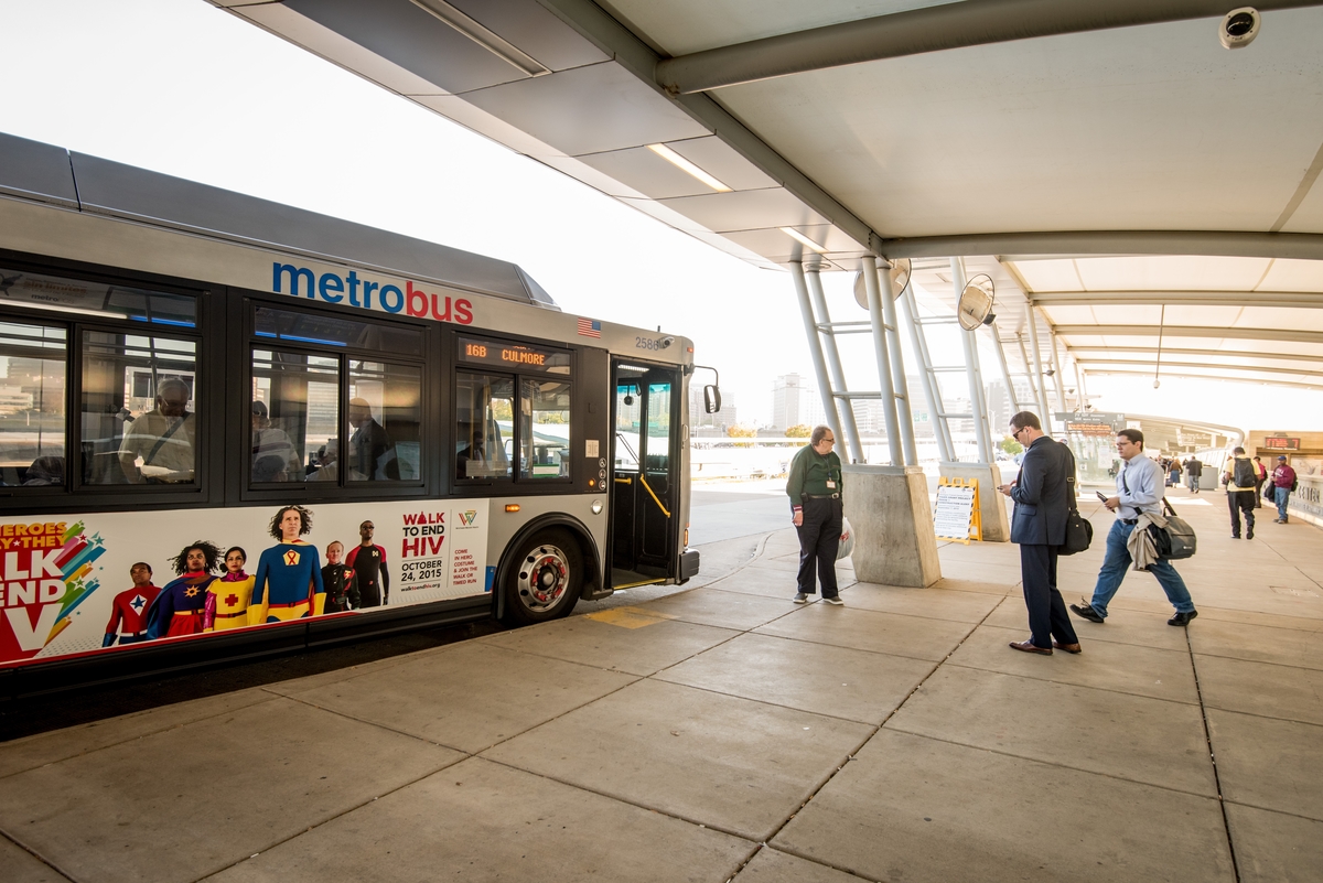 Metrobus pulling up to bus loop